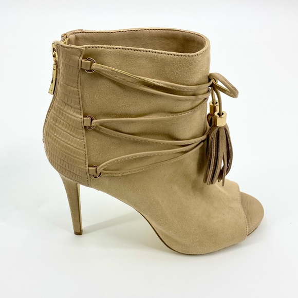 BEBE Benci High Heel Tassel Open Toe Nude Suede Ankle Bootie Size 9 - Picture 3 of 16